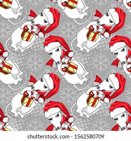 Vector seamless pattern. Vector rat - santa claus with a red cap and gift. Hand drawn illustration of dressed mouse. Happy New Year.