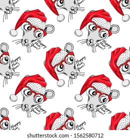 Vector seamless pattern. Vector rat - santa claus with a red cap. Hand drawn illustration of dressed mouse. Happy New Year.