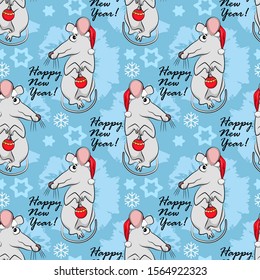 Vector seamless pattern. Vector rat - santa claus with a red cap. Hand drawn illustration of dressed mouse. Happy New Year.