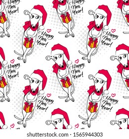 Vector seamless pattern. Vector rat - santa claus with a red cap and gift. Hand drawn illustration of dressed mouse. Happy New Year.