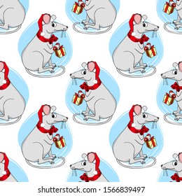 Vector seamless pattern. Vector rat - santa claus with a red cap and gift. Hand drawn illustration of dressed mouse. Happy New Year.