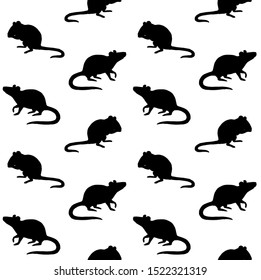 Vector seamless pattern of rats mice silhouette isolated on white background