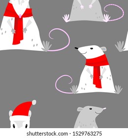 Vector seamless pattern of rats in traditional New Year clothes, isolated on gray background.