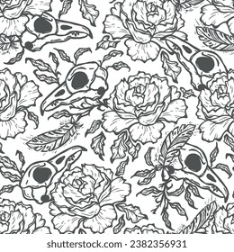 Vector Seamless Pattern with Raven Bird Skulls, Rose Flowers, Leaves and Feathers. The Day of the Dead, Halloween or Gothic and Mystic Design. Black and white background