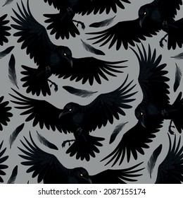 Vector Seamless Pattern With Raven And Feathers