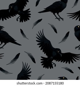 Vector seamless pattern with raven and feathers