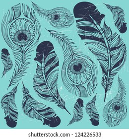 Vector seamless pattern with raven's and peacock's feathers.