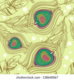Vector seamless pattern with raven's and peacock's feathers/yellow.