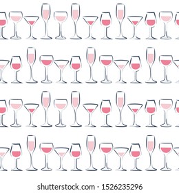Vector seamless pattern with rdifferent wine glasses stand in row on white background. For packaging design, advertisement background, banners, tags, stickers, posters, decor etc.