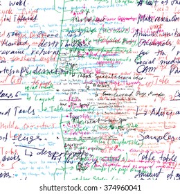 Vector seamless pattern with real hand written Latin text in color on white paper. Lectures archives on different subjects, graphic design, typography, web programming. Natural hand writing style.
