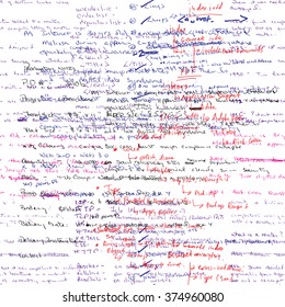 Vector seamless pattern with real hand written Latin text in color on white paper. Lectures archives on different subjects, graphic design, typography, web programming. Natural hand writing style.