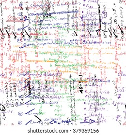 Vector seamless pattern with real hand written Latin text in color on white paper. Lectures archives on different subjects, graphic design, typography, web programming. Natural hand writing style.