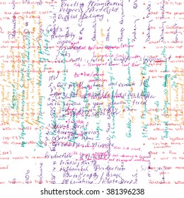 Vector seamless pattern with real hand written Latin text in color on white paper. Lectures archives on different subjects, graphic design, typography, web programming. Natural hand writing style.