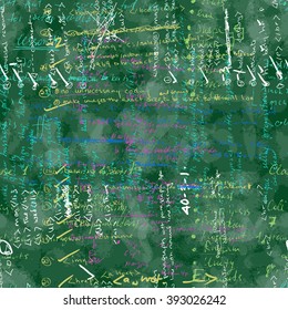 Vector seamless pattern with real hand written Latin text on green chalk board. Lectures archives on subjects, graphic design, typography, web programming. Natural hand writing style. English.