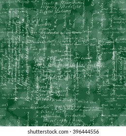 Vector seamless pattern with real hand written Latin text on green chalk board. Lectures archives on subjects, graphic design, typography, web programming. Natural hand writing style. English.