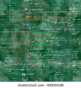 Vector seamless pattern with real hand written Latin text on green chalk board. Lectures archives on subjects, graphic design, typography, web programming. Natural hand writing style. English.