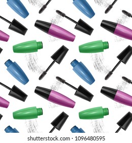 Vector seamless pattern with realistic 3d mascara, brush and mascara texture on white background