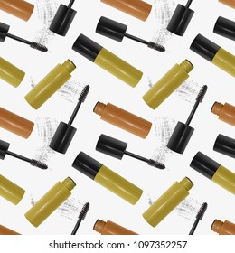 Vector seamless pattern with realistic 3d mascara, brush and mascara texture on white background