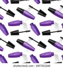 Vector seamless pattern with realistic 3d mascara, brush and mascara texture on white background