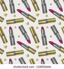 Vector seamless pattern with realistic 3d lipstick, golden color lipstick texture on white background