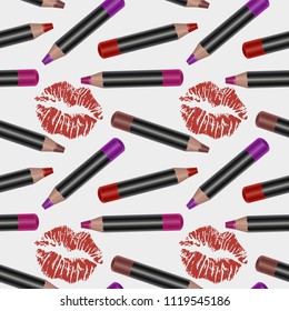 Vector, seamless pattern with realistic 3d lip pencils, product mockup, bright lip liners texture on white background