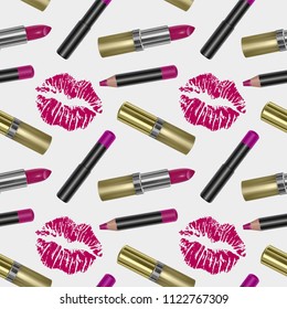 Vector seamless pattern with realistic 3d lipstick, golden color lipstick texture on white background