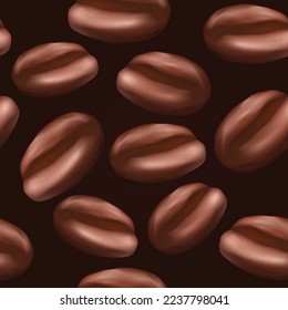 Vector seamless pattern with realistic 3D coffee beans isolated on dark garadient background