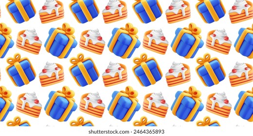 Vector seamless pattern of realistic blue color gift box with yellow ribbon and piece of cake on white background. 3d style holiday design of cartoon clay present box and cake. Festive gift surprise