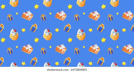 Vector seamless pattern of realistic blue color gift box with yellow ribbon and sweet cupcake on blue background. 3d style holiday seamless pattern design of cartoon present box and cake. Festive gift