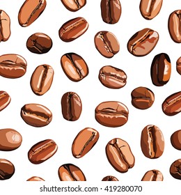 Vector seamless pattern with realistic coffee beans isolated on white background 
