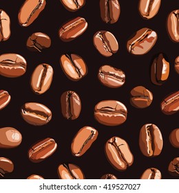 Vector seamless pattern with realistic coffee beans isolated on dark background 
