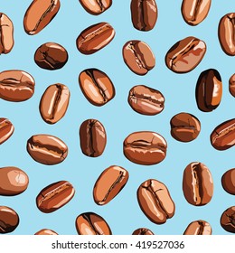 Vector seamless pattern with realistic coffee beans isolated on blue background 