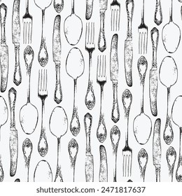 vector seamless pattern with realistic cutlery fork spoon and knife in vintage style on white background. Suitable for vintage Wallpaper, wrapping paper, fabric