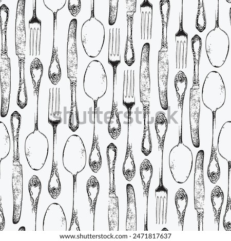 vector seamless pattern with realistic cutlery fork spoon and knife in vintage style on white background. Suitable for vintage Wallpaper, wrapping paper, fabric