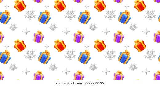 Vector seamless pattern of realistic different color gift box with yellow ribbon on white background. 3d style holiday design of present box with snowflake and star. Festive gift surprise for card