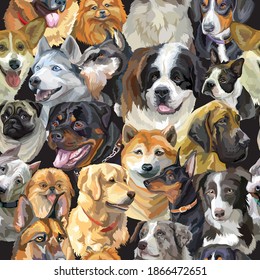 Vector seamless pattern with realistic dogs breeds portraits. Colorful background with dogs heads for creating textiles, wallpaper, paper, wedding invitation, design, print, linen. Vector Illustration