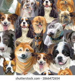 Vector seamless pattern with realistic dogs breeds portraits. Colorful background with dogs heads for creating textiles, wallpaper, paper, wedding invitation, design, print, linen. Vector Illustration