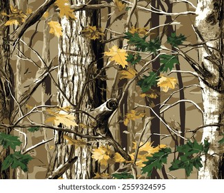 Vector seamless pattern of realistic forest tree camouflage for hunting and military purpose. Camouflage pattern. Hunting camo.  Hunting camo texture seamless