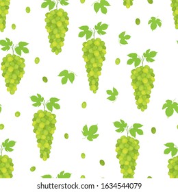 Vector seamless pattern of realistic, fresh, green grape bunches with leaves, on white background. 