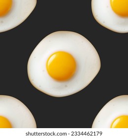 Vector Seamless Pattern with Realistic Fried Egg, Omelet on a Black Background. Healthy Breakfast, Protein Food, Diet Meal Concept. Design Template