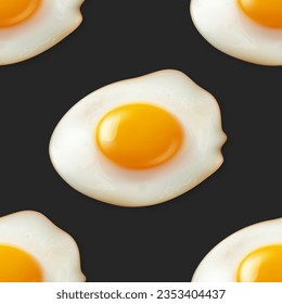 Vector Seamless Pattern with Realistic Fried Egg, Omelet on a Black Background. Healthy Breakfast, Protein Food, Diet Meal Concept. Design Template