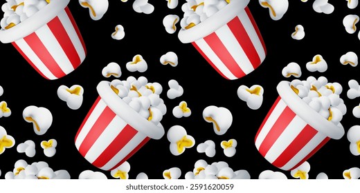 Vector seamless pattern with realistic full striped bucket of pop corn on black background. 3d style cartoon illustration design of popcorn bucket and fly pop corn. Sweet cinema food seamless pattern