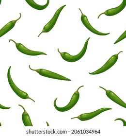 Vector seamless pattern of realistic green hot chili peppers, large chilly pepper pattern isolated on white. Flat vector illustration, cartoon style vegetables. Vector tracery.