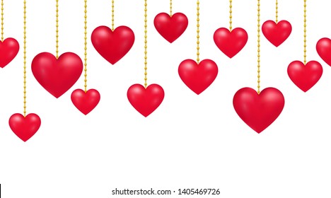 Vector seamless pattern with realistic hanging red hearts on golden chain. Love greeting card. Happy Valentines Day, Birthday, party, wedding template. Festive poster with copy space.