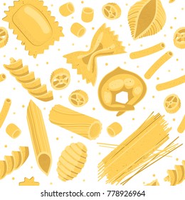 Vector seamless pattern of realistic kinds of pasta on a white background.