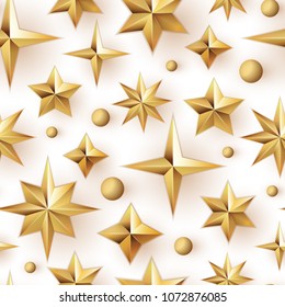 Vector seamless pattern with realistic metallic golden stars isolated on white background. Christmas stars pattern.