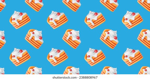 Vector seamless pattern of realistic piece of cake with cream and berry on blue background. 3d style design of cake. Sweet food seamless pattern for web, site, banner, print