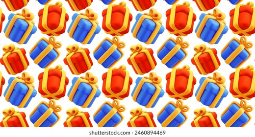Vector seamless pattern of realistic red and blue color gift box with yellow ribbon on white background. 3d style holiday design of cartoon clay present box. Festive gift surprise for web banner