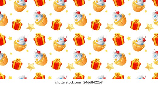 Vector seamless pattern of realistic red color gift box with yellow ribbon and cupcake on white background. 3d style holiday seamless pattern design of cartoon present box and cake. Festive gift