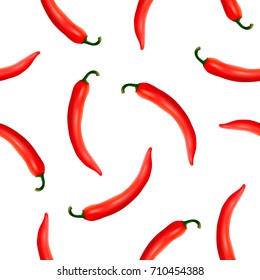 Vector seamless pattern with realistic red hot natural chili peppers on a white background. EPS10.